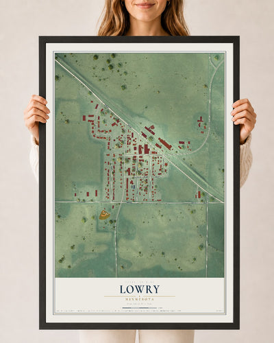 Map of Lowry, Minnesota, 24 x 36 inch print in a black wood frame