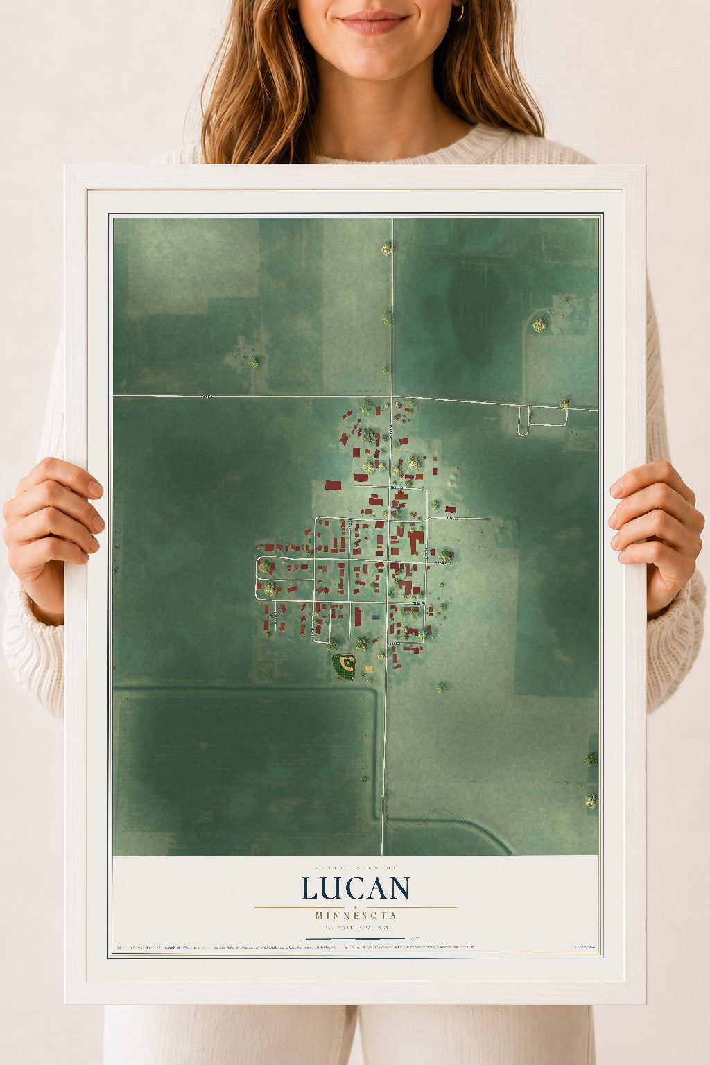 Map of Lucan, Minnesota, 18 x 24 inch print in a white wood frame
