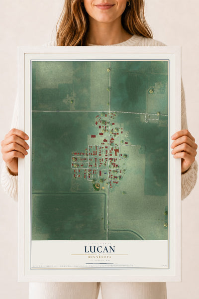 Map of Lucan, Minnesota, 18 x 24 inch print in a white wood frame