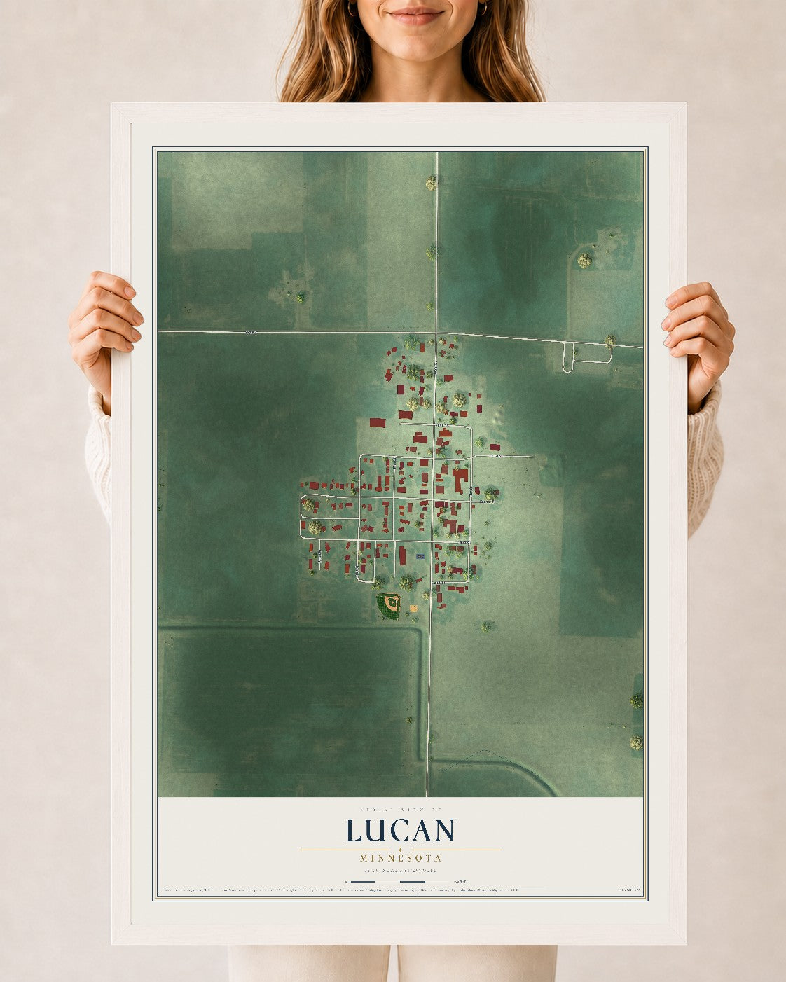 Map of Lucan, Minnesota, 24 x 36 inch print in a white wood frame