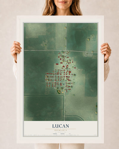 Map of Lucan, Minnesota, 24 x 36 inch print in a white wood frame