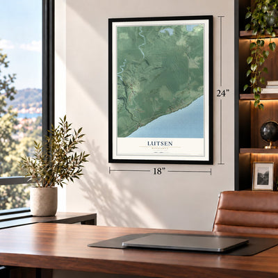 Lutsen, Minnesota map, 18 x 24 inch print in a black frame in a home office