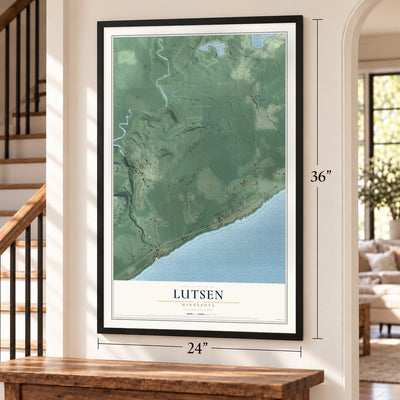 Lutsen, Minnesota map, 24 x 36 inch print in a black frame by a staircase