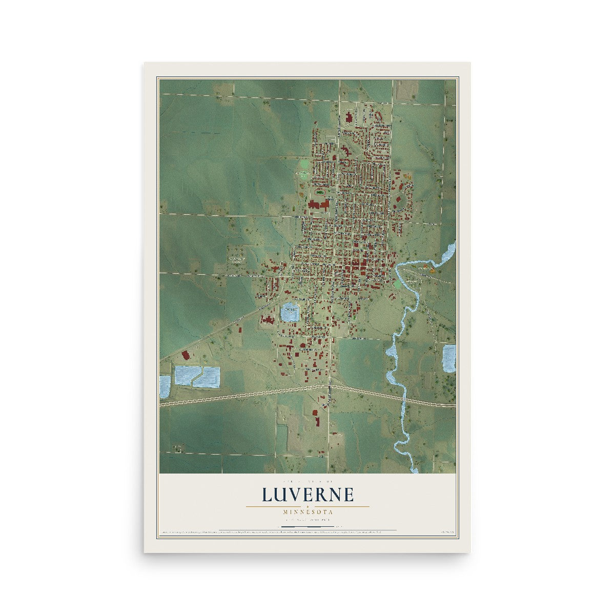 Map of Luverne, Minnesota, 12 x 18 inch unframed archival matte print