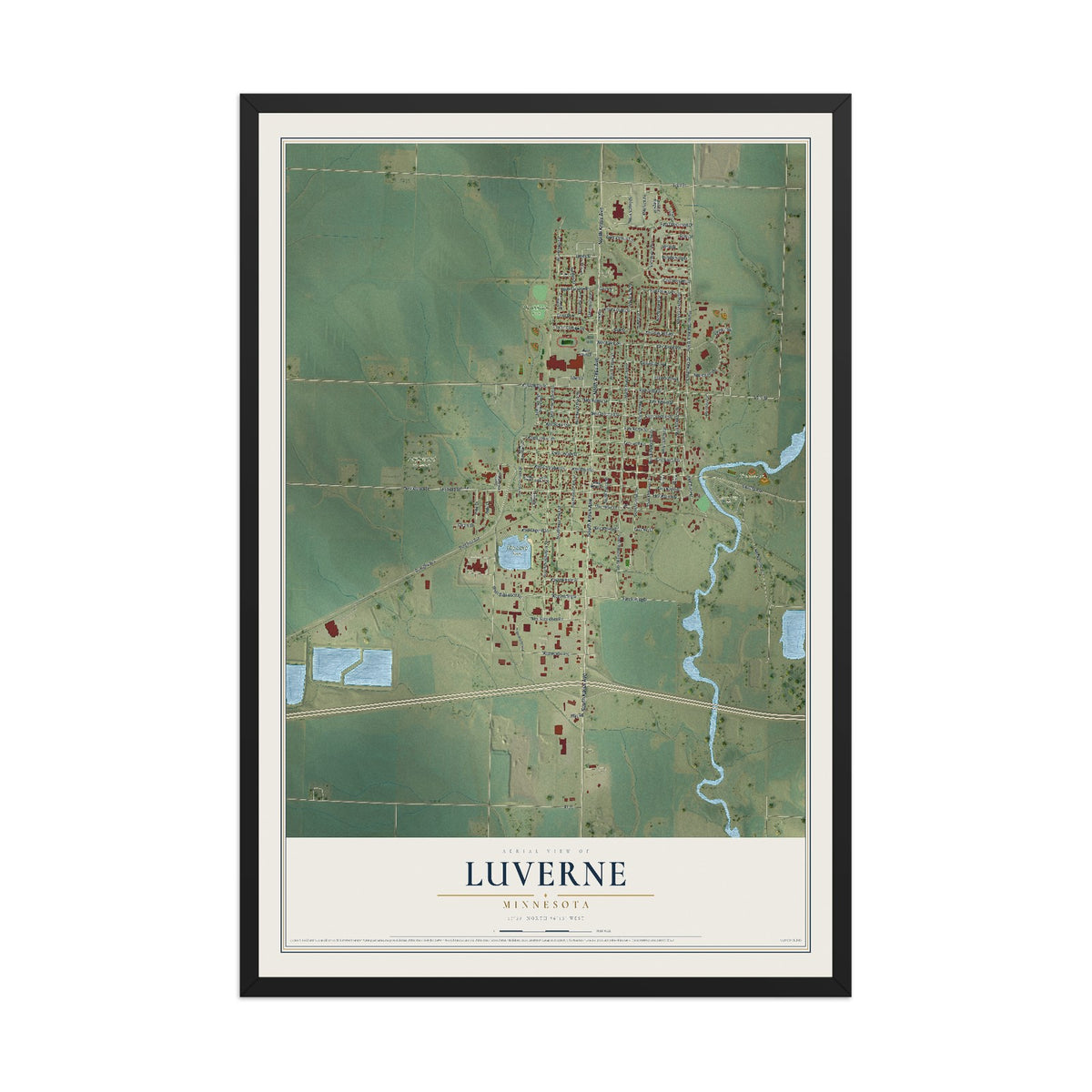 Map of Luverne, Minnesota, 12 x 18 inch print in a black wood frame