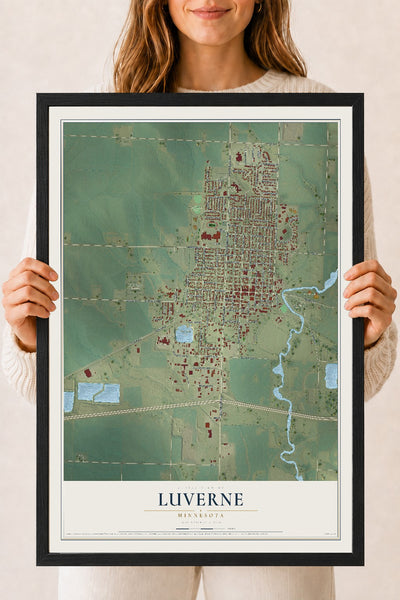 Map of Luverne, Minnesota, 18 x 24 inch print in a black wood frame