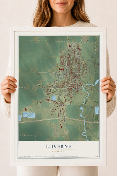 Map of Luverne, Minnesota, 18 x 24 inch print in a white wood frame