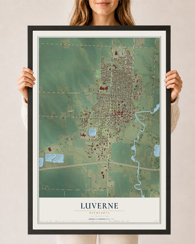 Map of Luverne, Minnesota, 24 x 36 inch print in a black wood frame