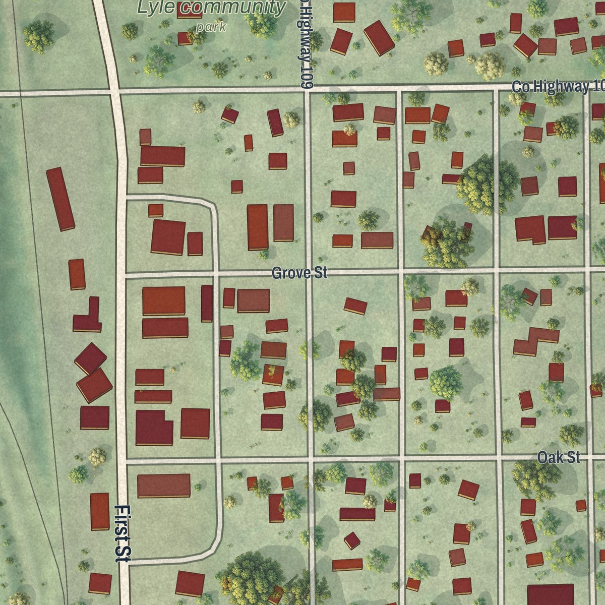 Close-up of the map of Lyle, Minnesota print showing street and building detail