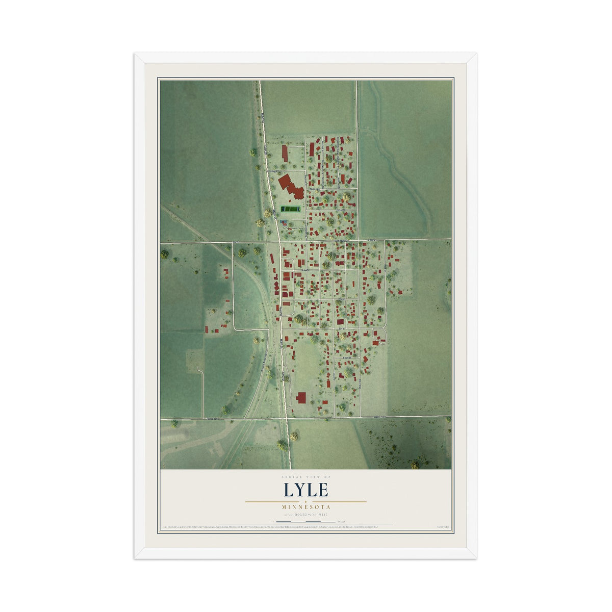 Map of Lyle, Minnesota, 12 x 18 inch print in a white wood frame
