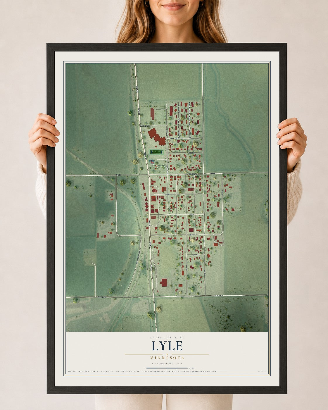 Map of Lyle, Minnesota, 24 x 36 inch print in a black wood frame