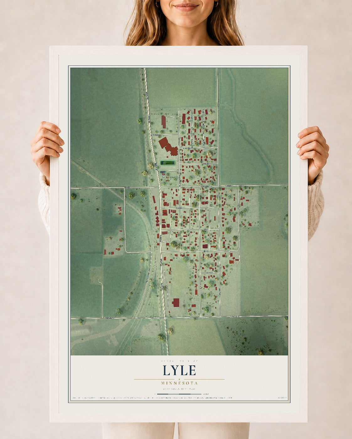 Map of Lyle, Minnesota, 24 x 36 inch print in a white wood frame