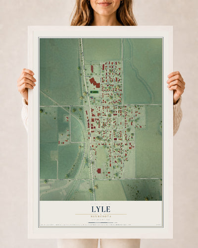 Map of Lyle, Minnesota, 24 x 36 inch print in a white wood frame