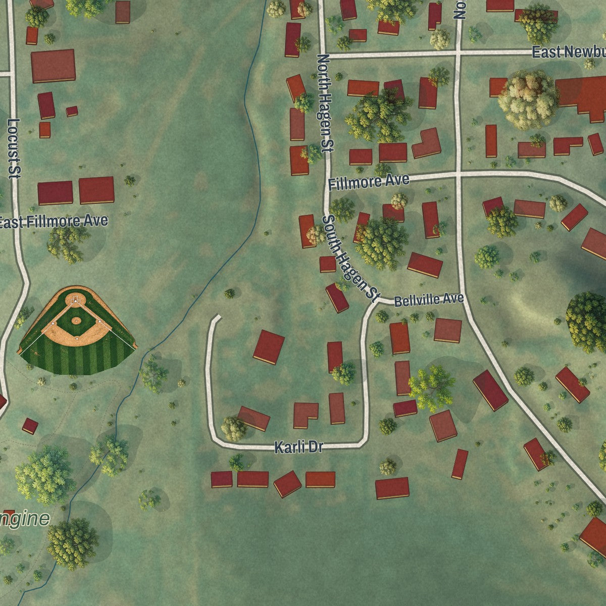 Second close-up of the map of Mabel, Minnesota print showing more streets and buildings