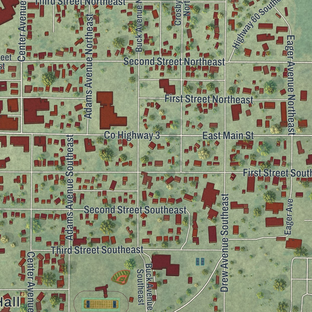 Close-up of the map of Madelia, Minnesota print showing street and building detail