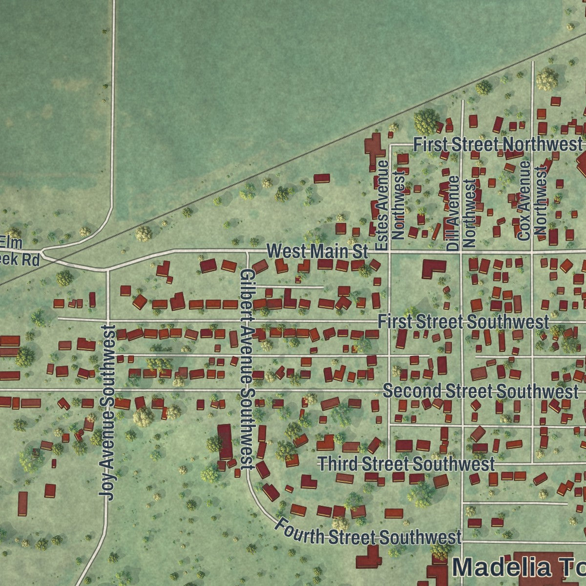 Second close-up of the map of Madelia, Minnesota print showing more streets and buildings