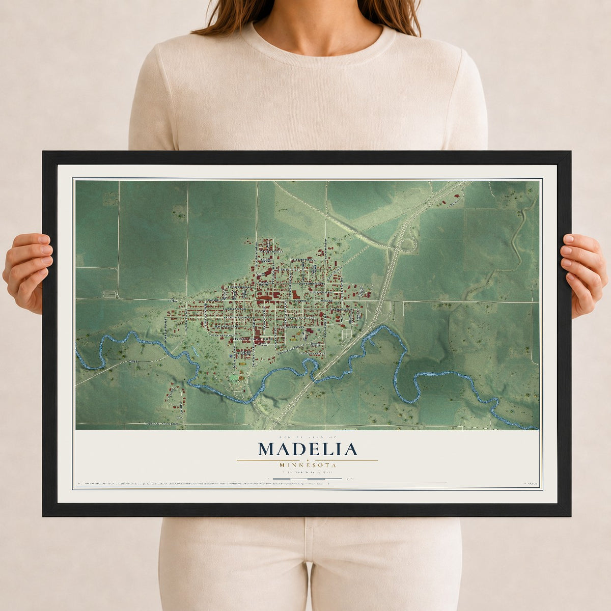 Map of Madelia, Minnesota, 12 x 18 inch print in a black wood frame