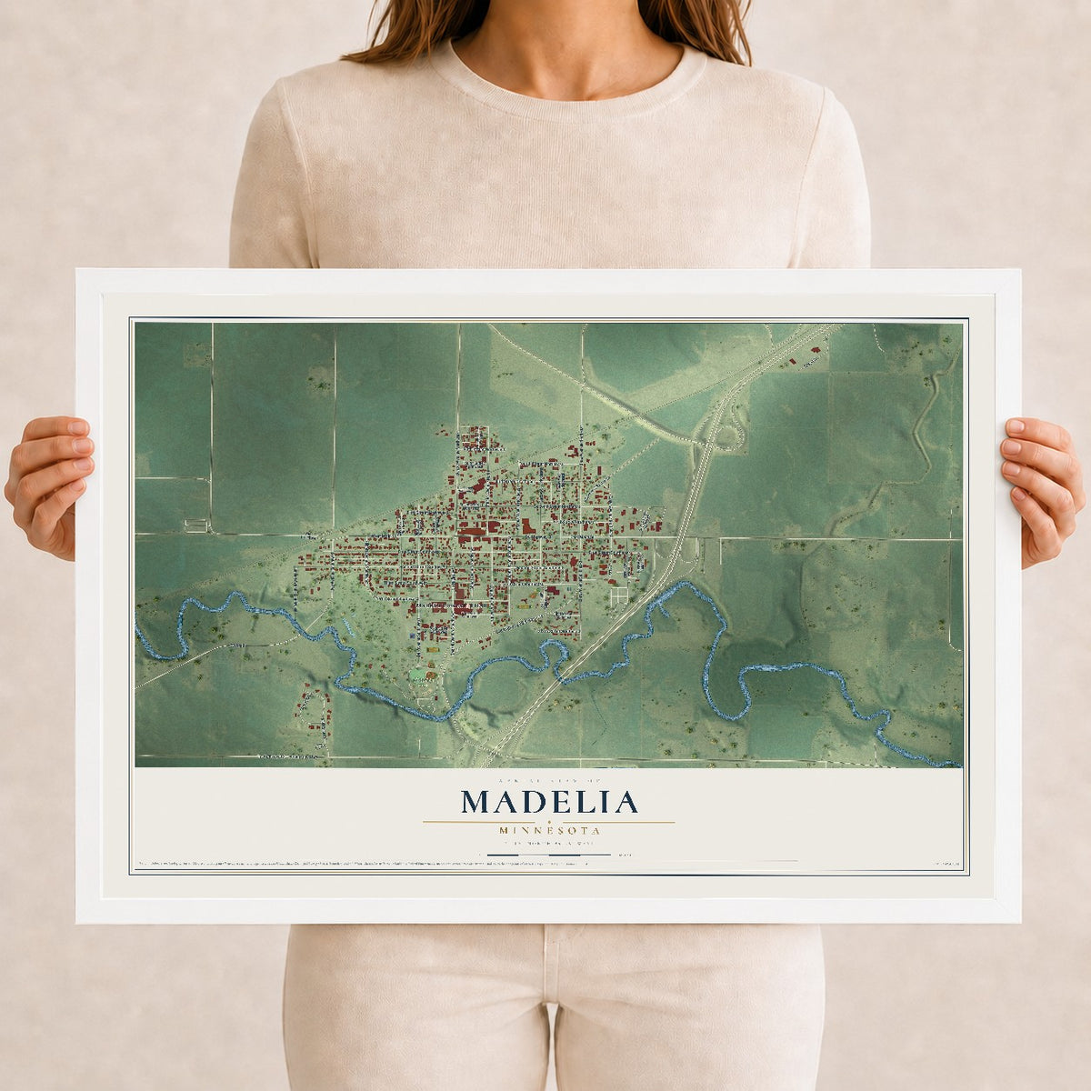 Map of Madelia, Minnesota, 12 x 18 inch print in a white wood frame