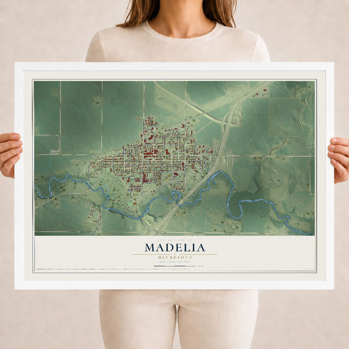 Map of Madelia, Minnesota, 18 x 24 inch print in a white wood frame