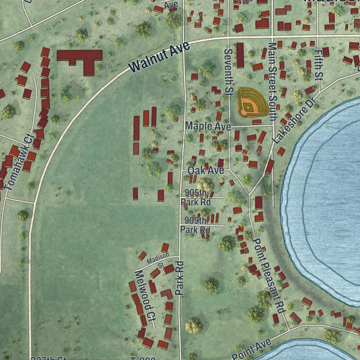 Close-up of the map of Madison Lake, Minnesota print showing street and building detail