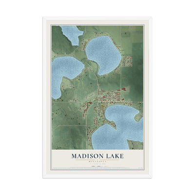 Map of Madison Lake, Minnesota, 12 x 18 inch print in a white wood frame