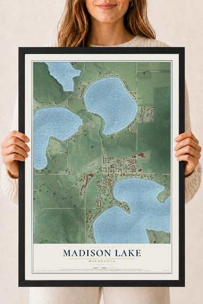 Map of Madison Lake, Minnesota, 18 x 24 inch print in a black wood frame