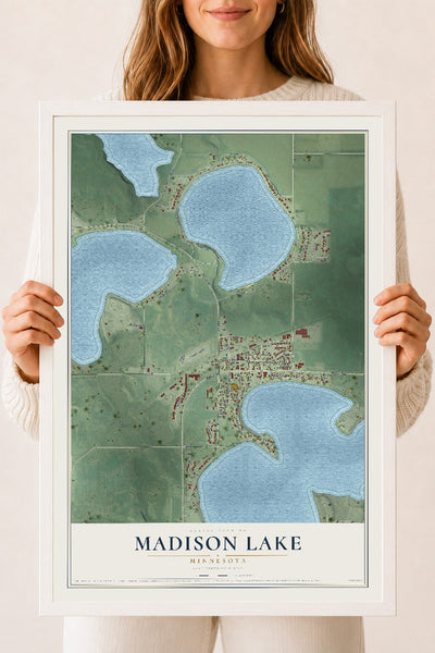 Map of Madison Lake, Minnesota, 18 x 24 inch print in a white wood frame