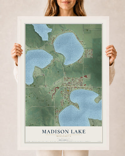 Map of Madison Lake, Minnesota, 24 x 36 inch print in a white wood frame