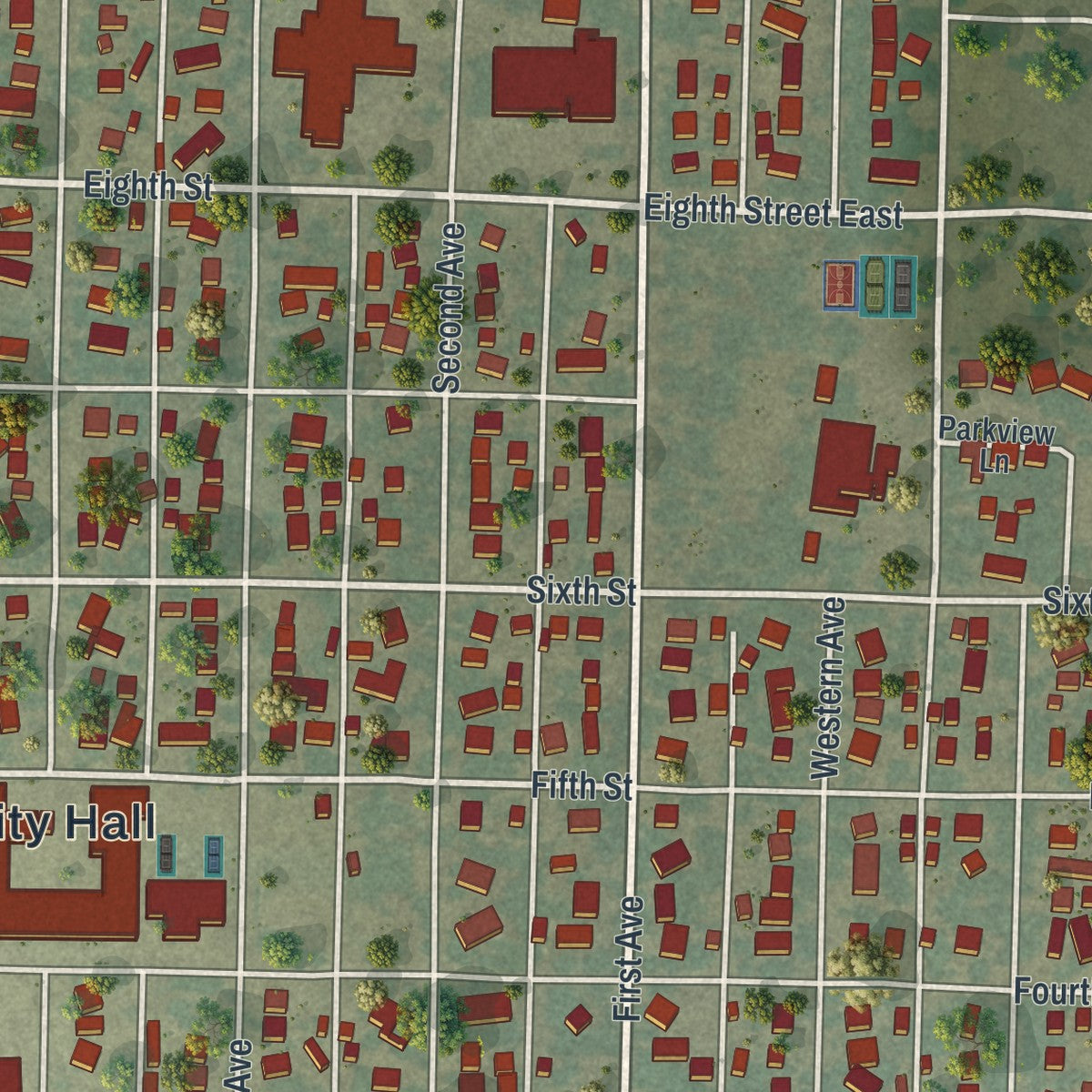 Close-up of the map of Madison, Minnesota print showing street and building detail