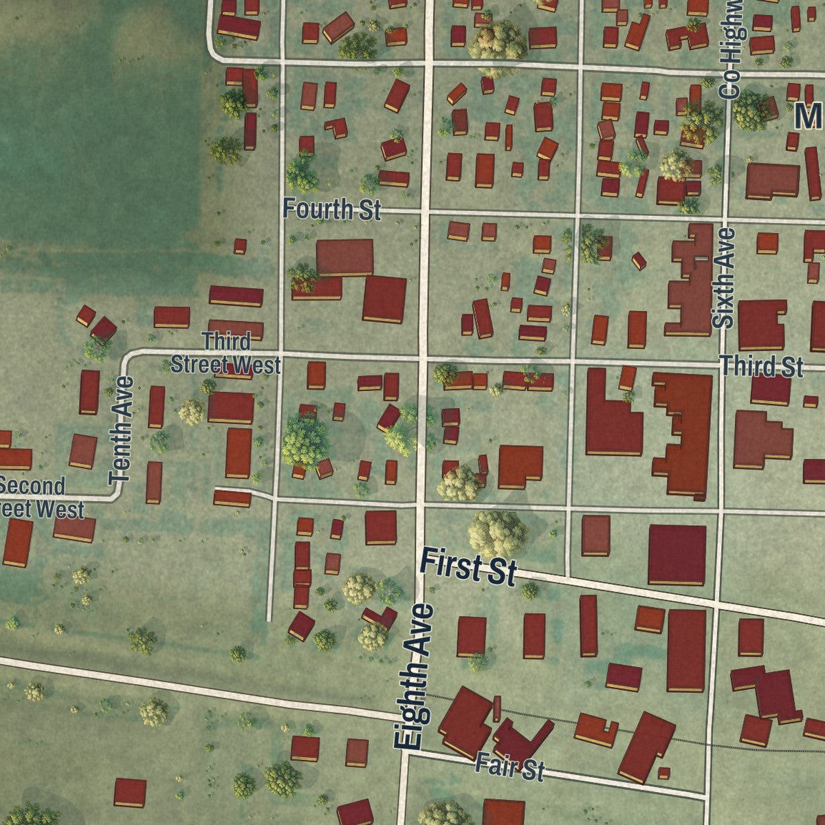 Second close-up of the map of Madison, Minnesota print showing more streets and buildings