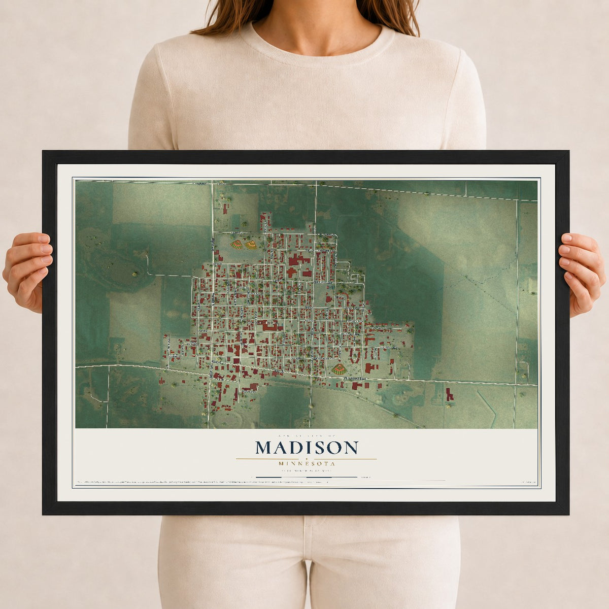 Map of Madison, Minnesota, 12 x 18 inch print in a black wood frame