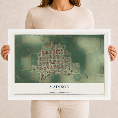 Map of Madison, Minnesota, 12 x 18 inch print in a white wood frame