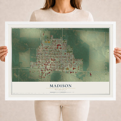 Map of Madison, Minnesota, 18 x 24 inch print in a white wood frame