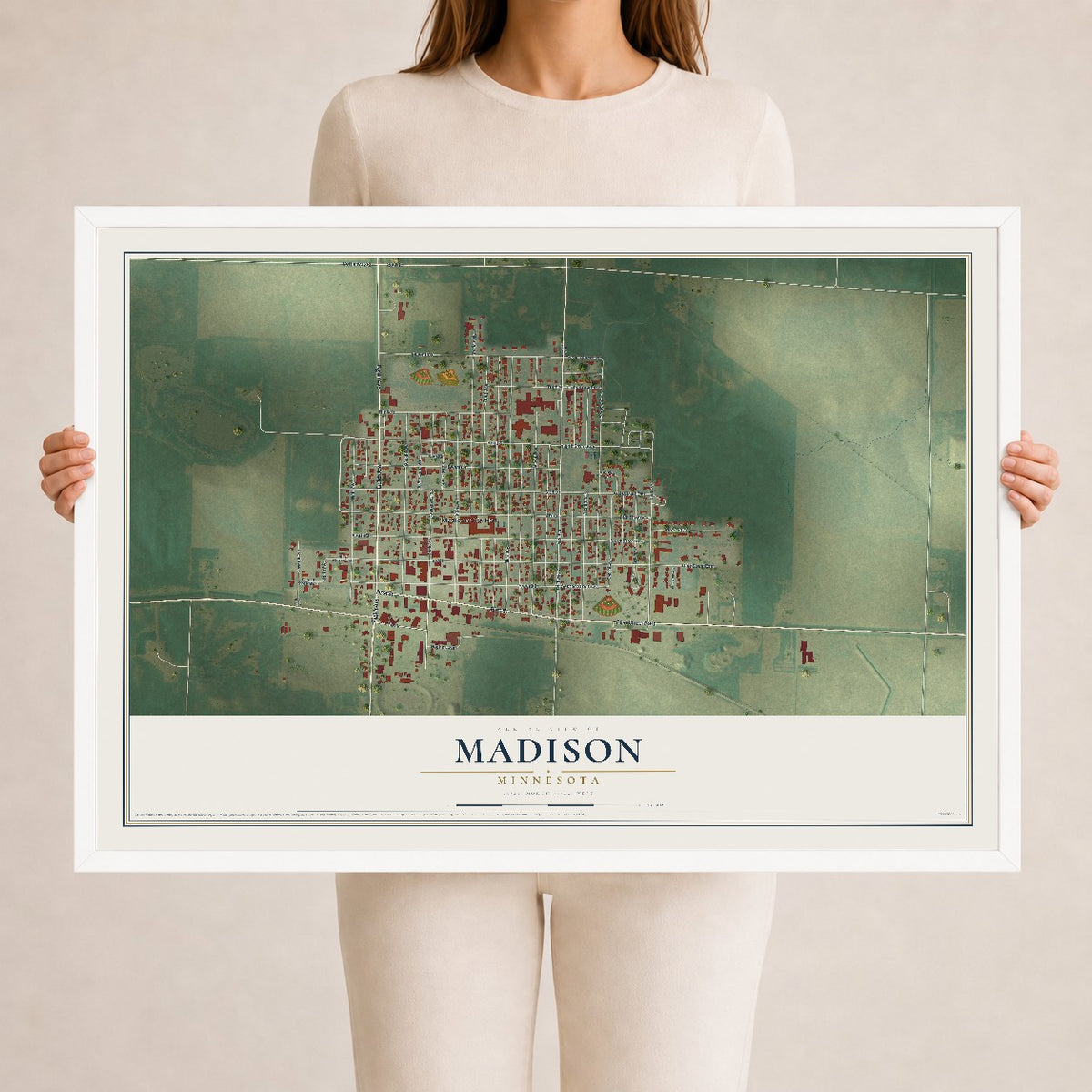Map of Madison, Minnesota, 24 x 36 inch print in a white wood frame
