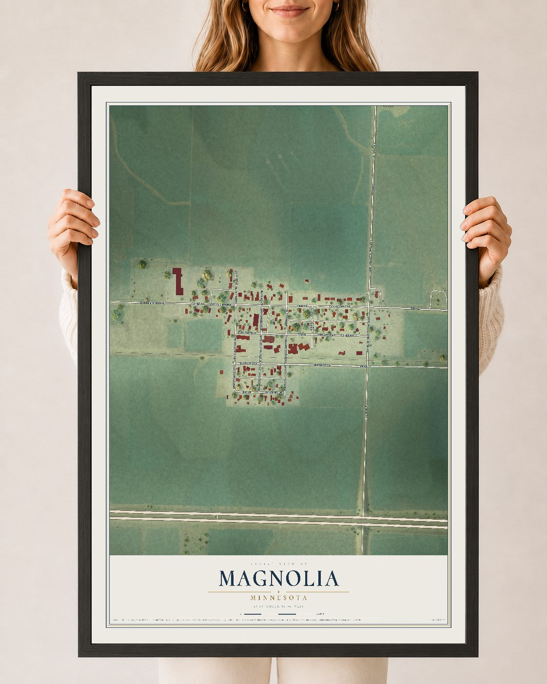 Map of Magnolia, Minnesota, 24 x 36 inch print in a black wood frame