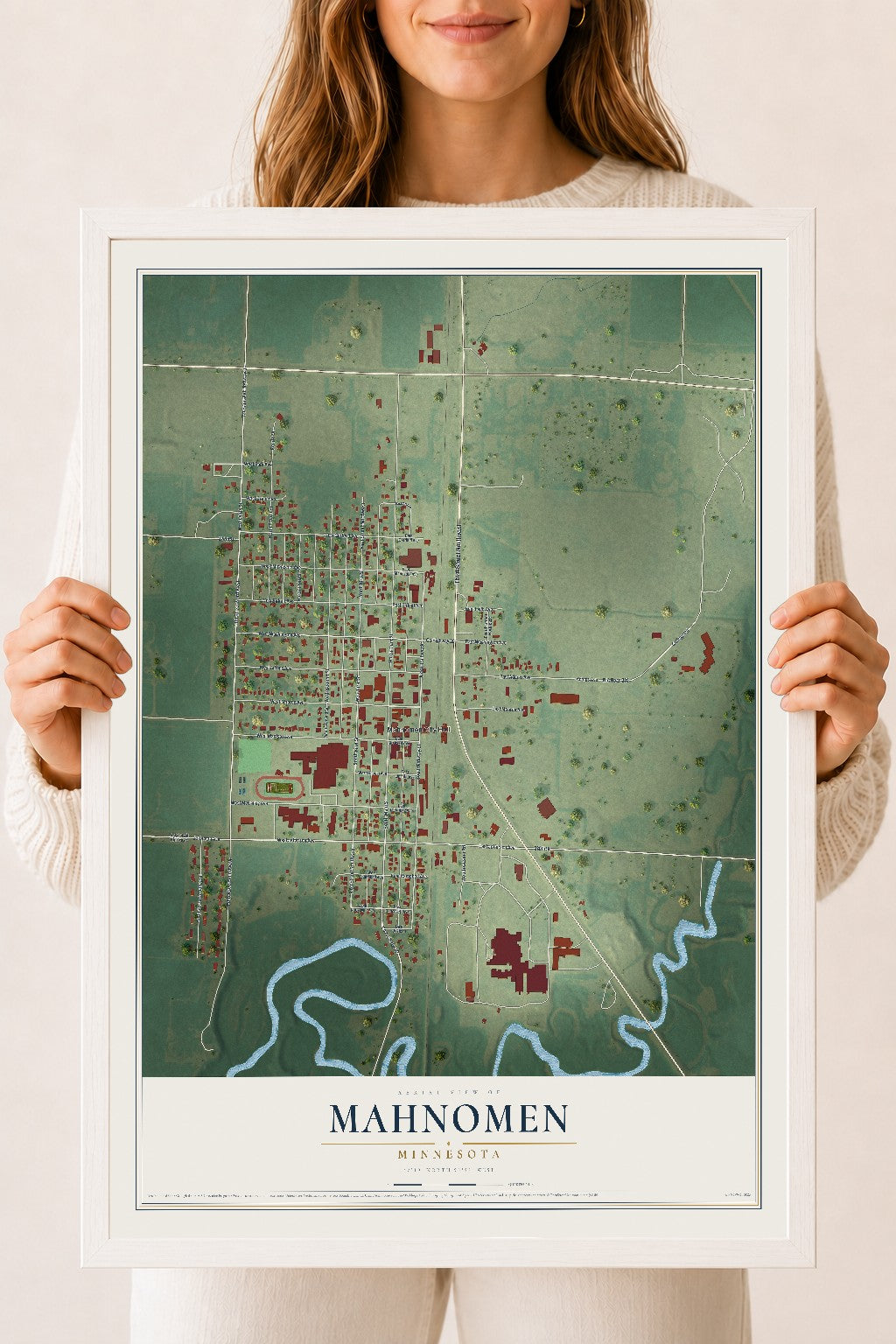 Map of Mahnomen, Minnesota, 18 x 24 inch print in a white wood frame