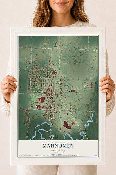 Map of Mahnomen, Minnesota, 18 x 24 inch print in a white wood frame