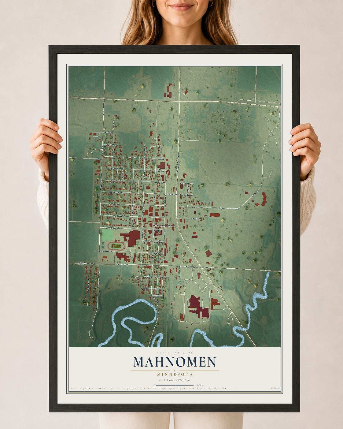 Map of Mahnomen, Minnesota, 24 x 36 inch print in a black wood frame