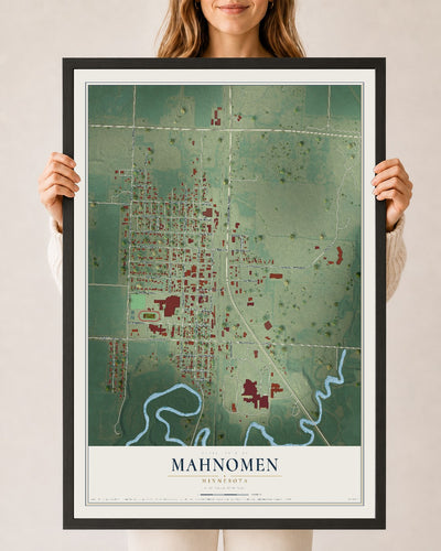 Map of Mahnomen, Minnesota, 24 x 36 inch print in a black wood frame