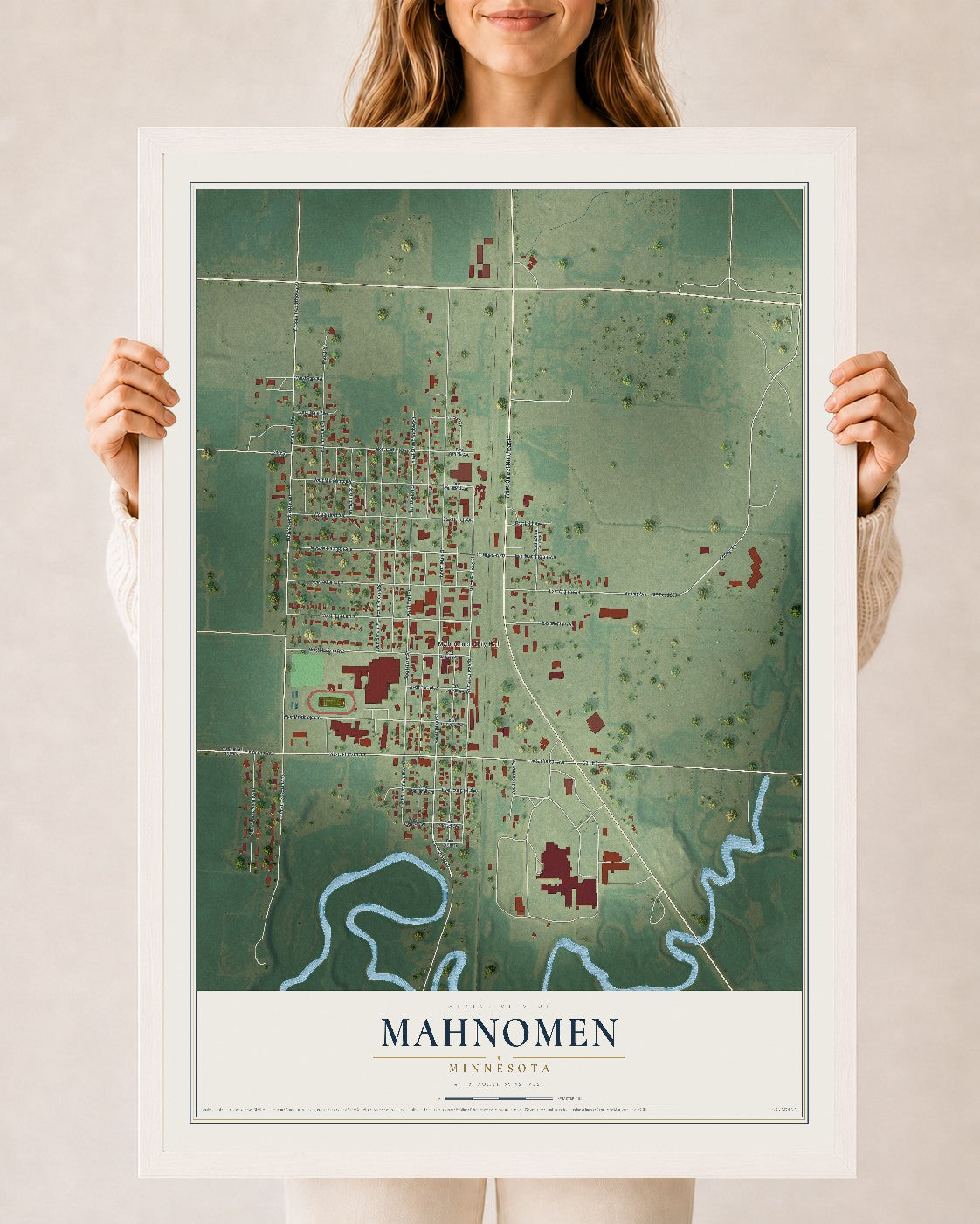 Map of Mahnomen, Minnesota, 24 x 36 inch print in a white wood frame