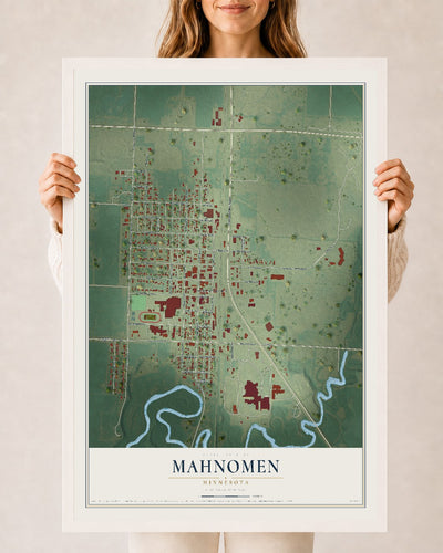 Map of Mahnomen, Minnesota, 24 x 36 inch print in a white wood frame