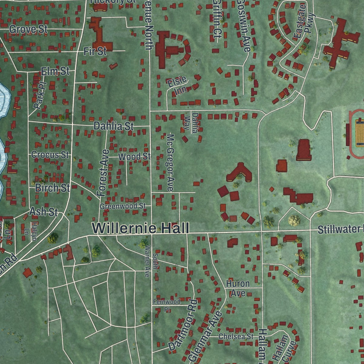Second close-up of the map of Mahtomedi, Minnesota print showing more streets and buildings