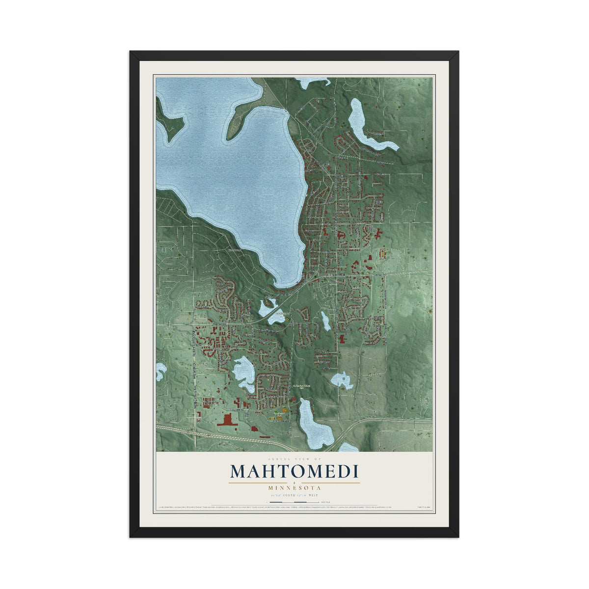 Map of Mahtomedi, Minnesota, 12 x 18 inch print in a black wood frame