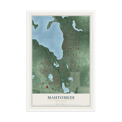 Map of Mahtomedi, Minnesota, 12 x 18 inch print in a white wood frame