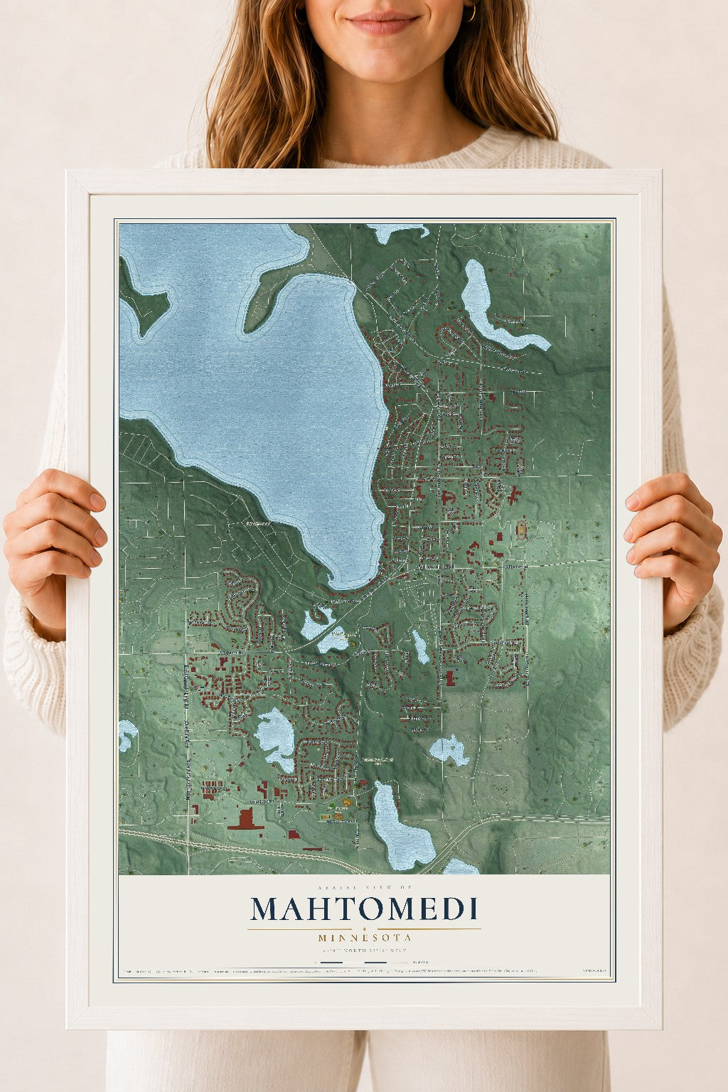 Map of Mahtomedi, Minnesota, 18 x 24 inch print in a white wood frame