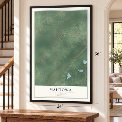 Mahtowa, Minnesota map, 24 x 36 inch print in a black frame by a staircase