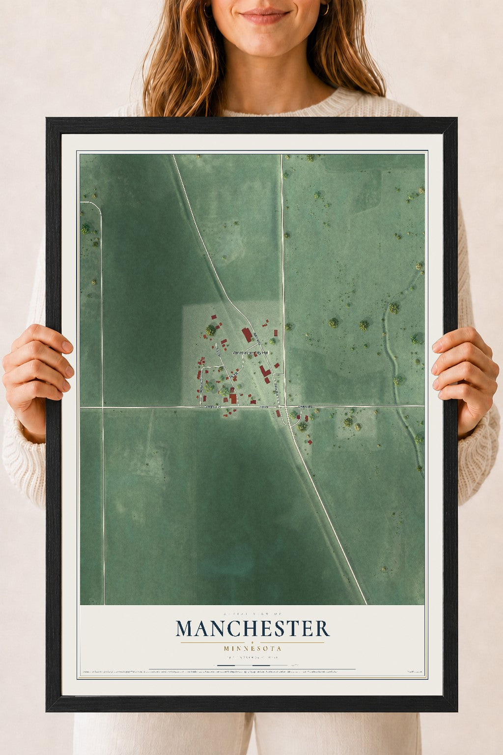 Map of Manchester, Minnesota, 18 x 24 inch print in a black wood frame