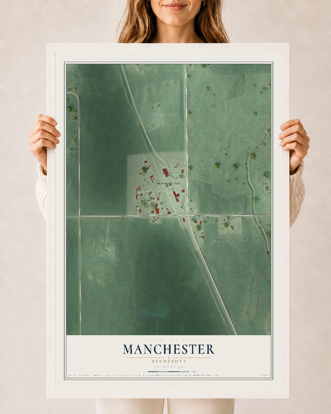 Map of Manchester, Minnesota, 24 x 36 inch print in a white wood frame