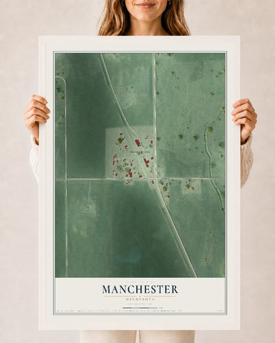 Map of Manchester, Minnesota, 24 x 36 inch print in a white wood frame
