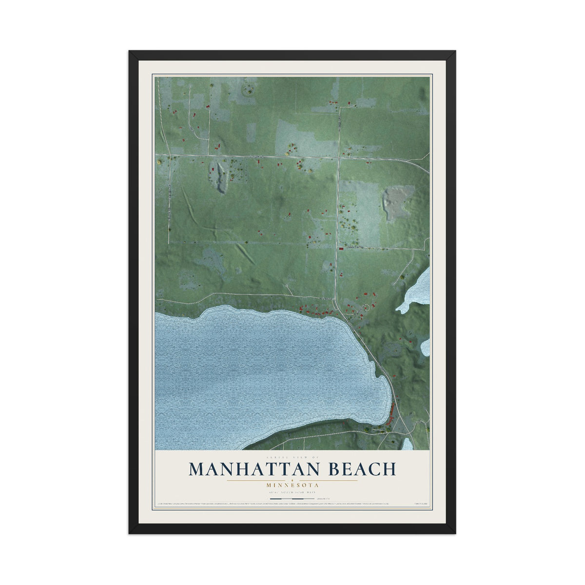 Map of Manhattan Beach, Minnesota, 12 x 18 inch print in a black wood frame